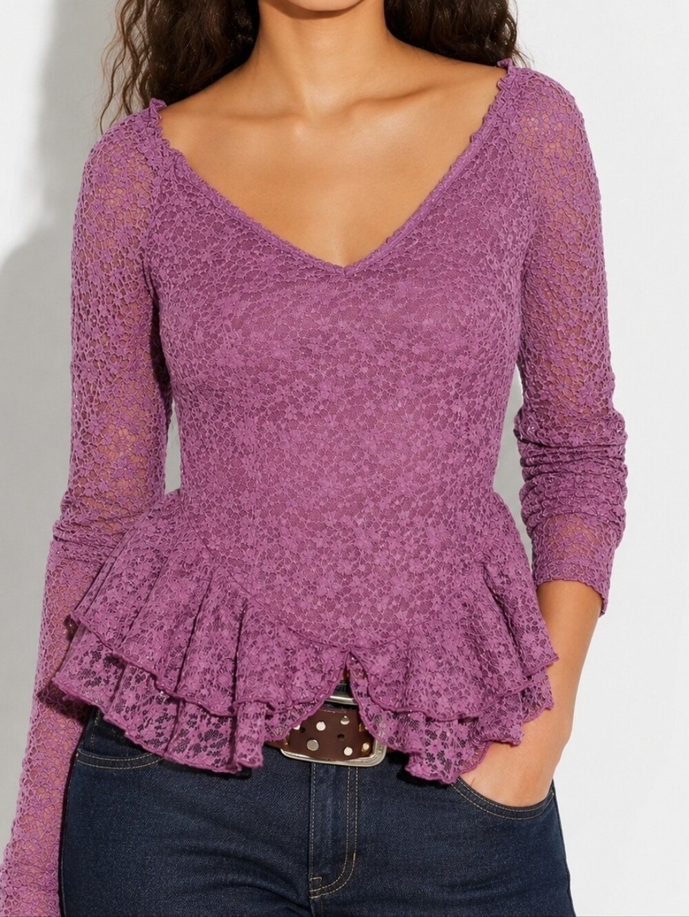 Free People Stella Lace Peplum Top Long Sleeve Purple Romantic Fairy Semi Sheer